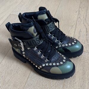 Moschino Black and Green Camo Studded Lace-Up Boots